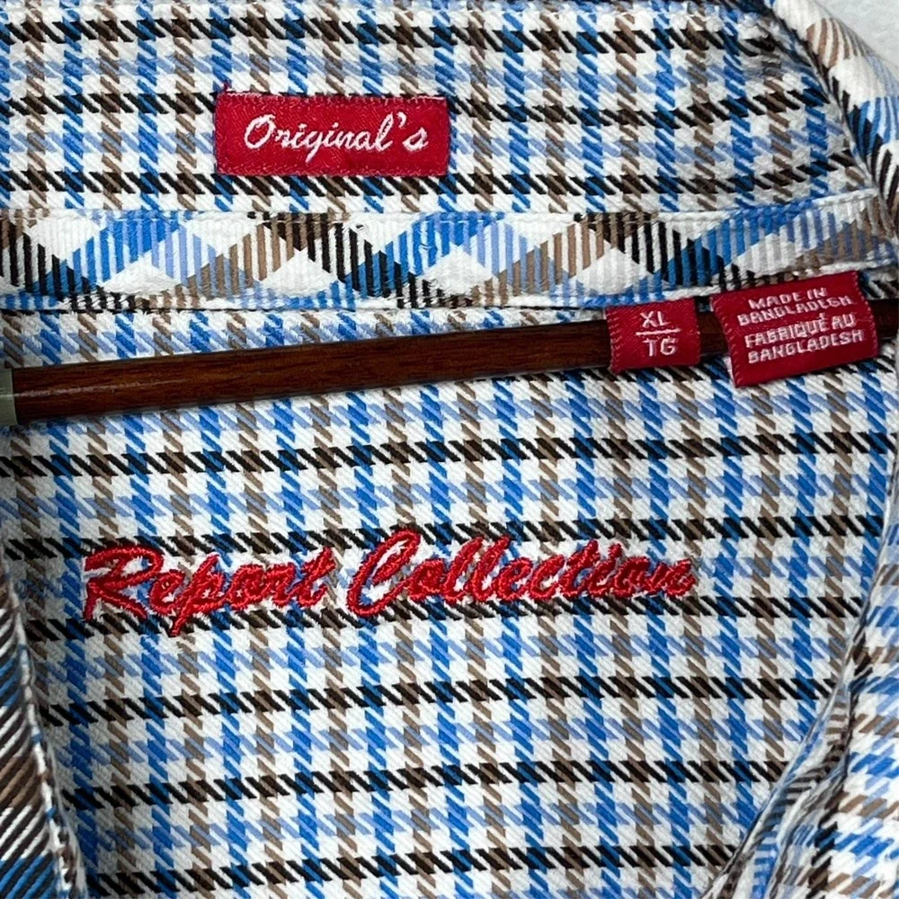 Report Collection Originals Button Up Shirt Men's XL Blue Brown Plaid Business